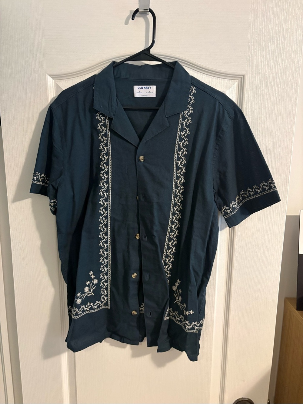 Old Navy Dark Navy Button-Front Camp Shirt with White Embroidery